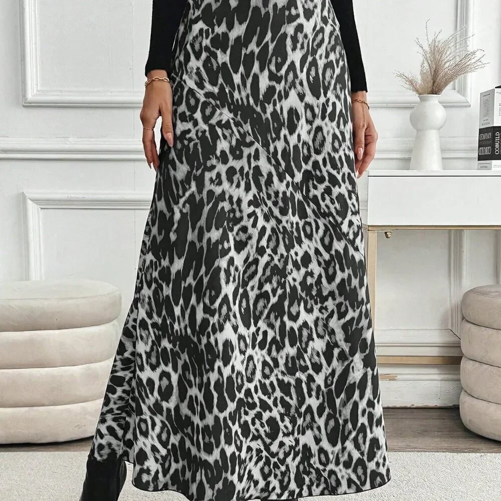 Multicolor Elegant Women's High Waist Leopard Print Maxi Length Skirt